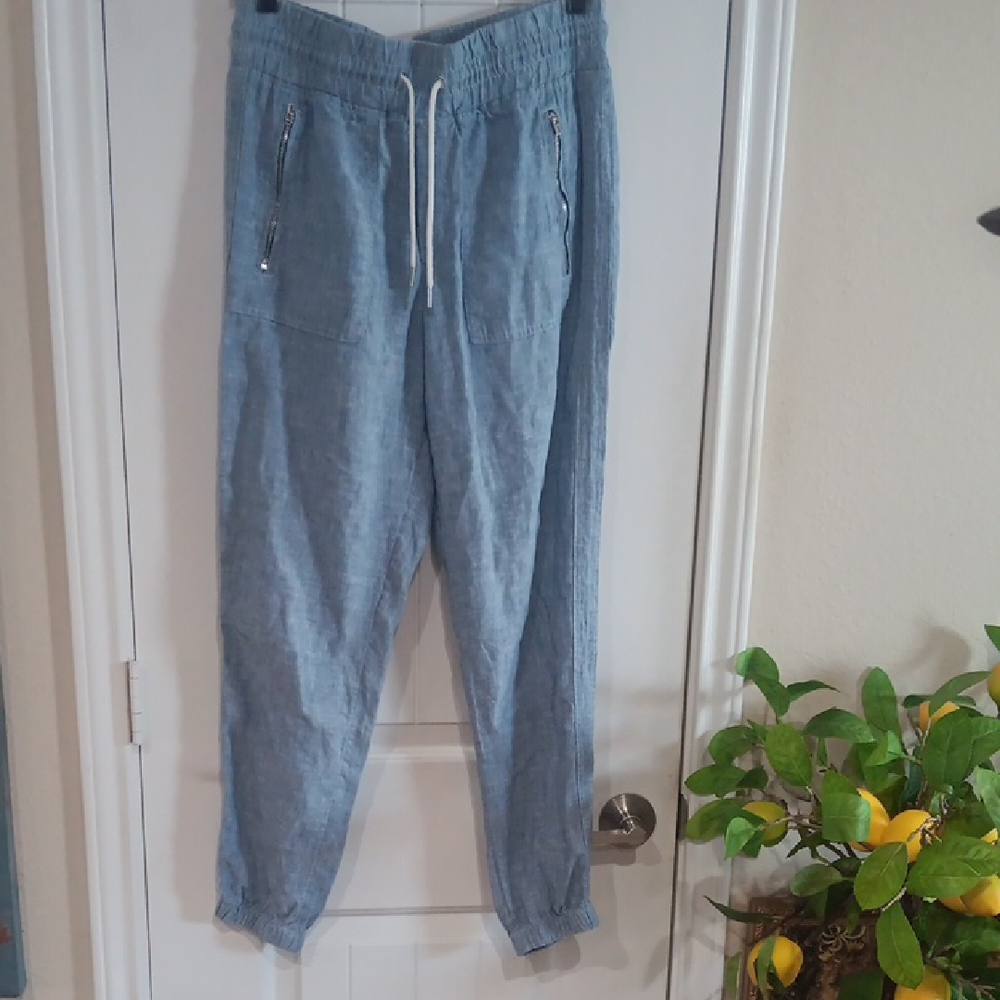 Athleta Blue Linen Track Pants with Relaxed Fit Front Diag'l Chrome Zip Pockets